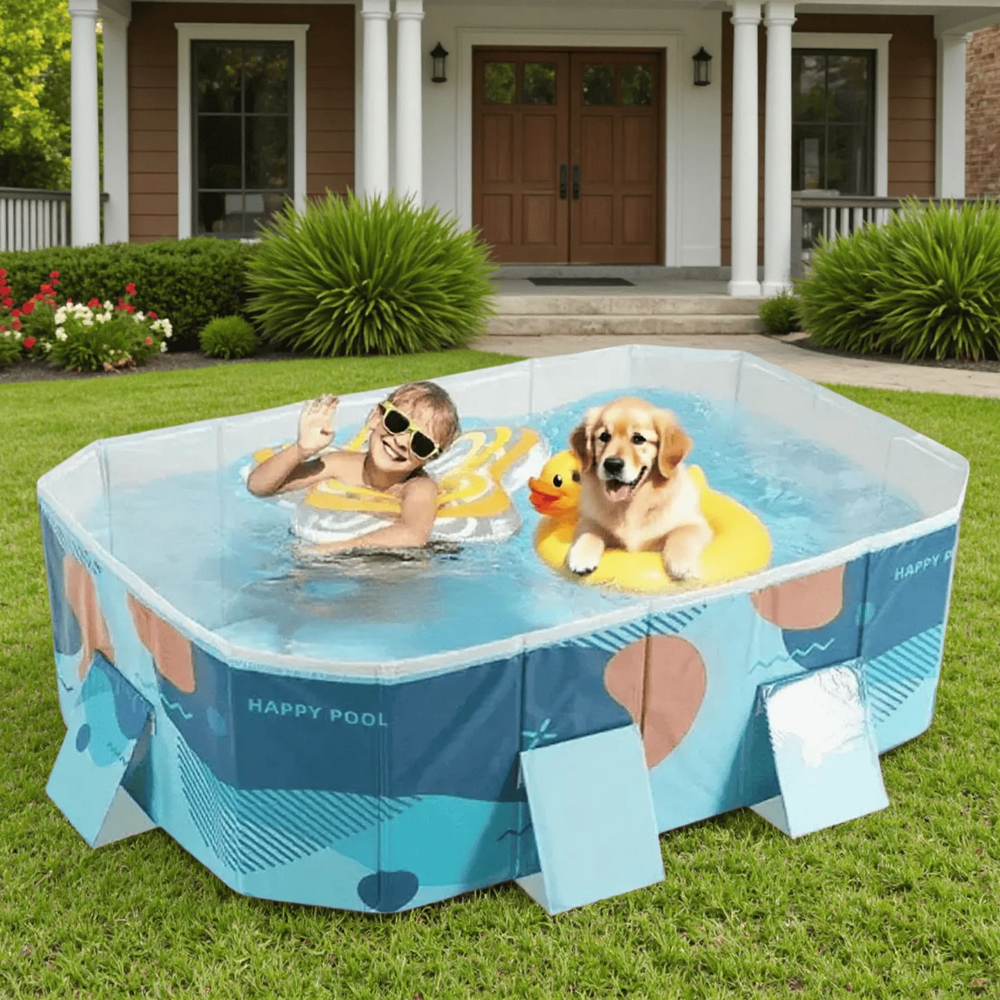 MaxKare 73'' Foldable Dog Pool, Portable Puppy Bath Tub for Cats Pets Indoor and Outdoor, Blue