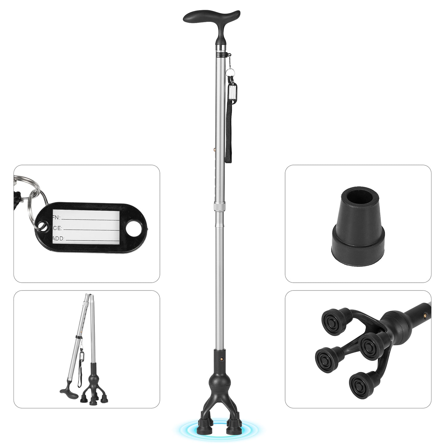 MaxKare Folding Walking Canes with Comfort Grip, 37"-41" Adjustable - Silver
