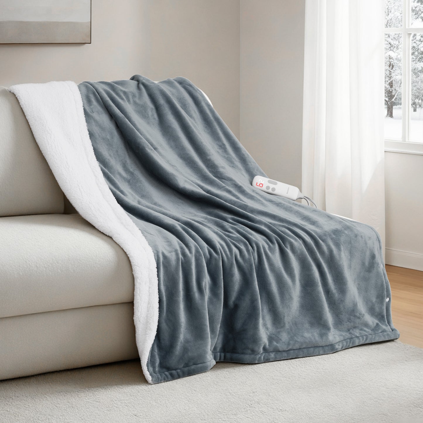 MaxKare Heated Blanket Throw, Electric Blanket with 6 Heating Levels & 5 Timer Settings, ETL Certification, Flannel & Sherpa, Gray & White