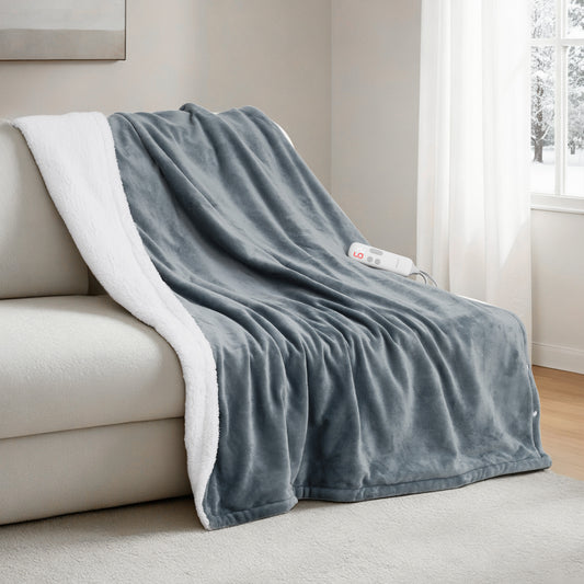 MaxKare Heated Blanket Throw, Electric Blanket with 6 Heating Levels & 5 Timer Settings, ETL Certification, Flannel & Sherpa, Gray & White