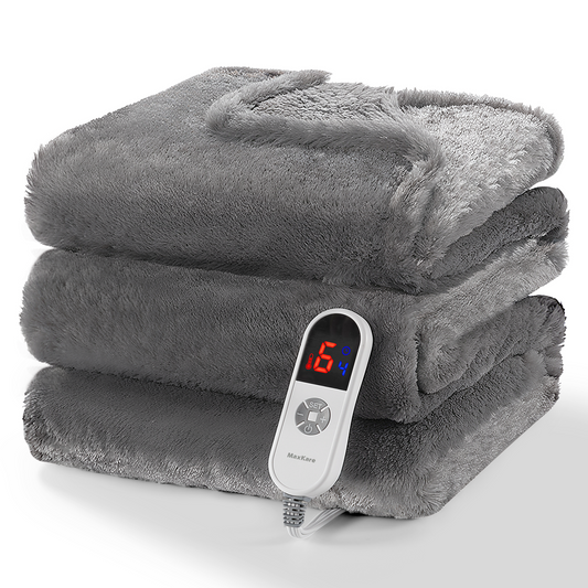 MaxKare Heated Throw Blanket 60" x 70", Electric Blanket with 6 Heating Levels & 4H Timer, Large LED Display, Soft Faux Fur & Shu Velvet, Gray