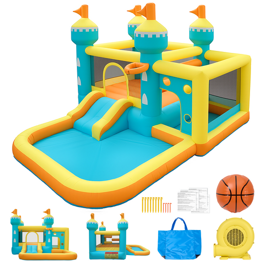 MaxKare Inflatable Bounce House, Castle-Themed Inflatable Bounce House - 5-in-1 Play Zones, 240lbs Capacity, FCC & CPC Certified, Blue/Yellow