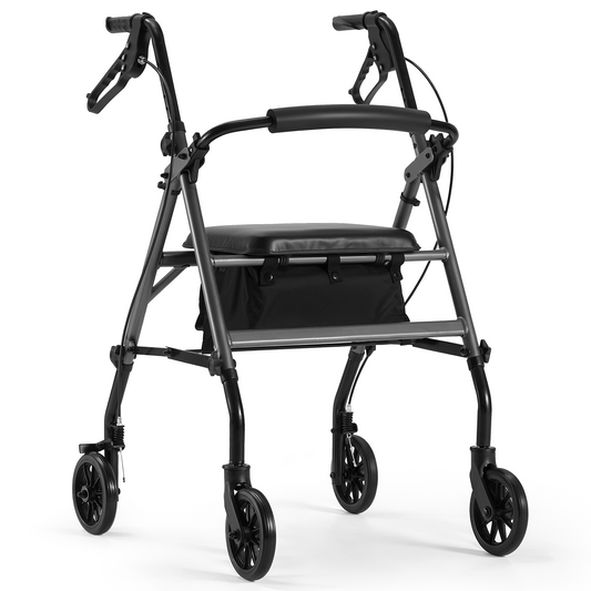 MaxKare Folding Rollator Walker with Seat 6" Wheels for Seniors, Adjustable Height, Removable Seat, Lightweight Aluminum, Supports up to 300Lbs, Gray