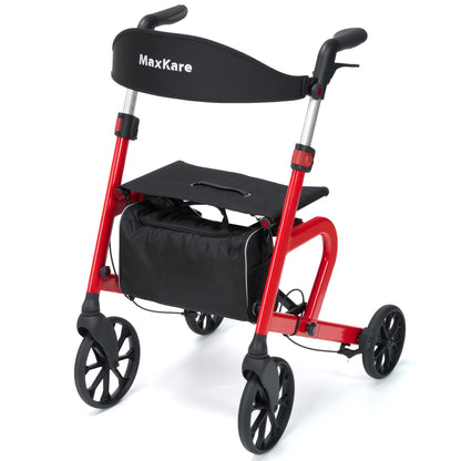 MaxKare Rollator Walker with Seat, Foldable 4 Wheel Rolling Medical Walker, Red