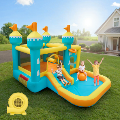 MaxKare Inflatable Bounce House, Castle-Themed Inflatable Bounce House - 5-in-1 Play Zones, 240lbs Capacity, FCC & CPC Certified, Blue/Yellow