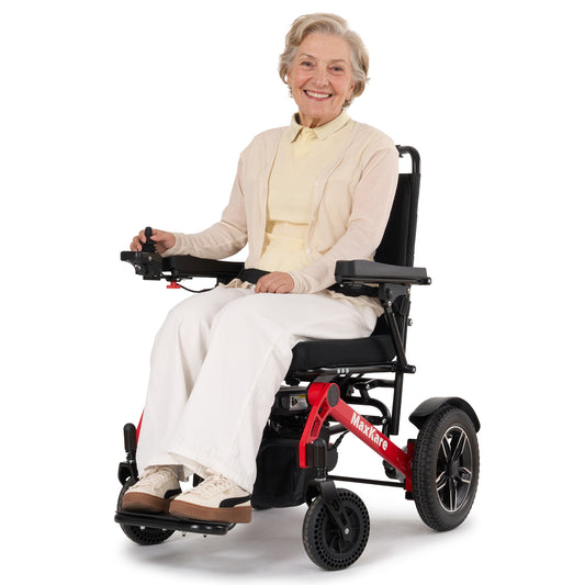 MaxKare Foldable Electric Wheelchair, 5 Speeds, 2 Modes, Dual Motors, for Adults &amp; Senior, Black/Red