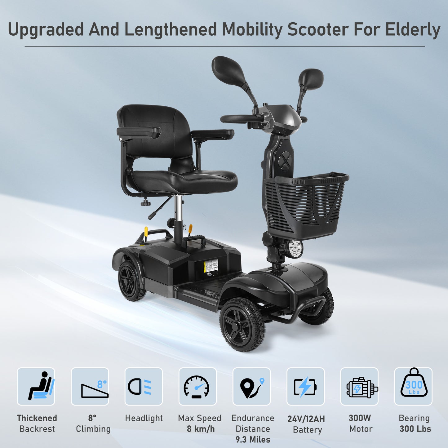 MaxKare 4-Wheel Mobility Scooter with Basket, Wider and Thicker Seat for Seniors, Electric Folding Wheelchair Device for Travel, Gray