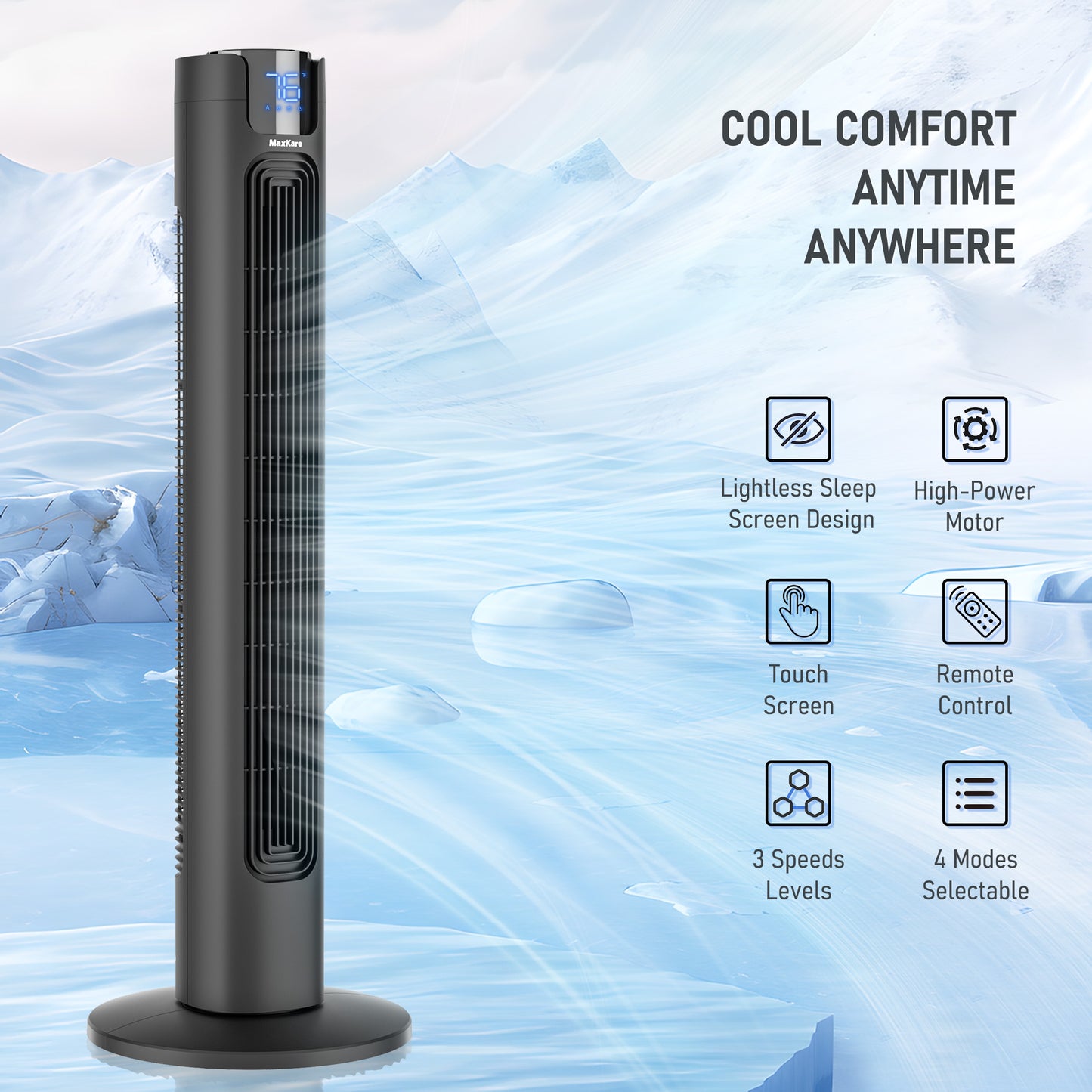 MaxKare Tower Fan, 36" Ultra Quiet 50dB Standing Floor Fan, 24H Timers, 75° Oscillation, Remote & No-Light Sleep Screen, Black