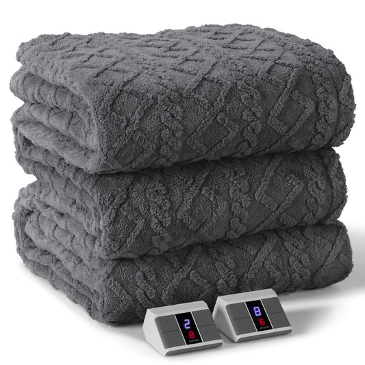 MaxKare Queen Size Heated Blanket Soft Cable Knit Shu Velveteen Electric Blanket, Dual Controllers, 10 Heat Levels, 10H Timer, 84" x 90", Gray