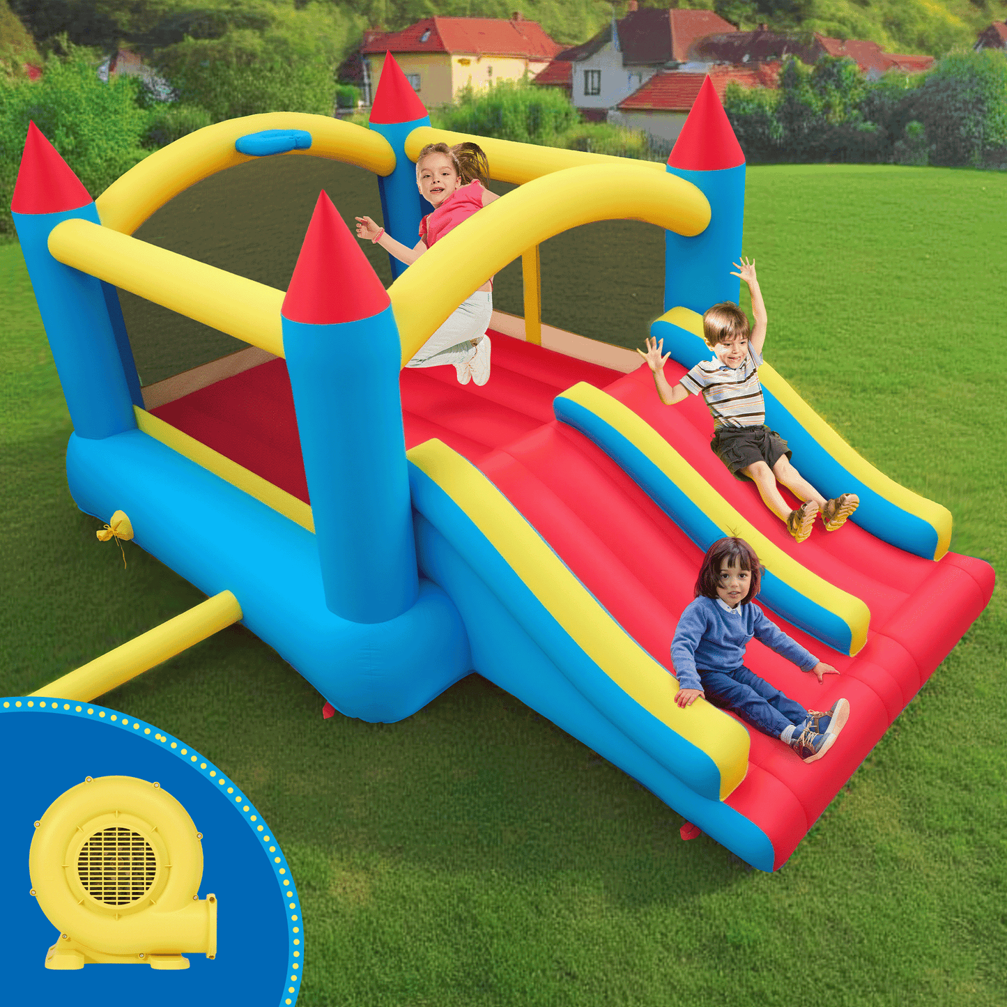 MaxKare Inflatable Bounce House with Dual Slides & Large Jump Area, 360° Safe Visibilitable, 240lbs Max Capacity, FCC & CPC Certified, Blue & Red