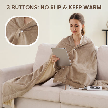 MaxKare Heated Throw Blanket 50" x72", 6 Heat Levels, 4H Auto-off, 3 Button Adjust Fix, Dual Soft Flannel, OEKO TEX Certified, Beige & Linen