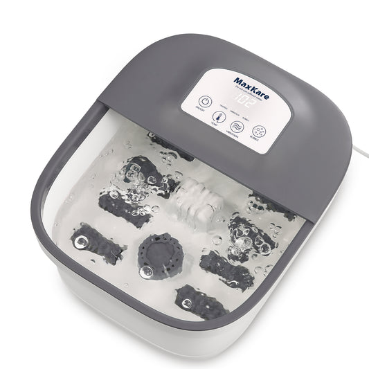 MaxKare Foot Spa Bath Massager with Heat, Bubbles, Vibration, Digital Temperature Control & 8 Removable Rollers for Foot Stress Relief, Gray