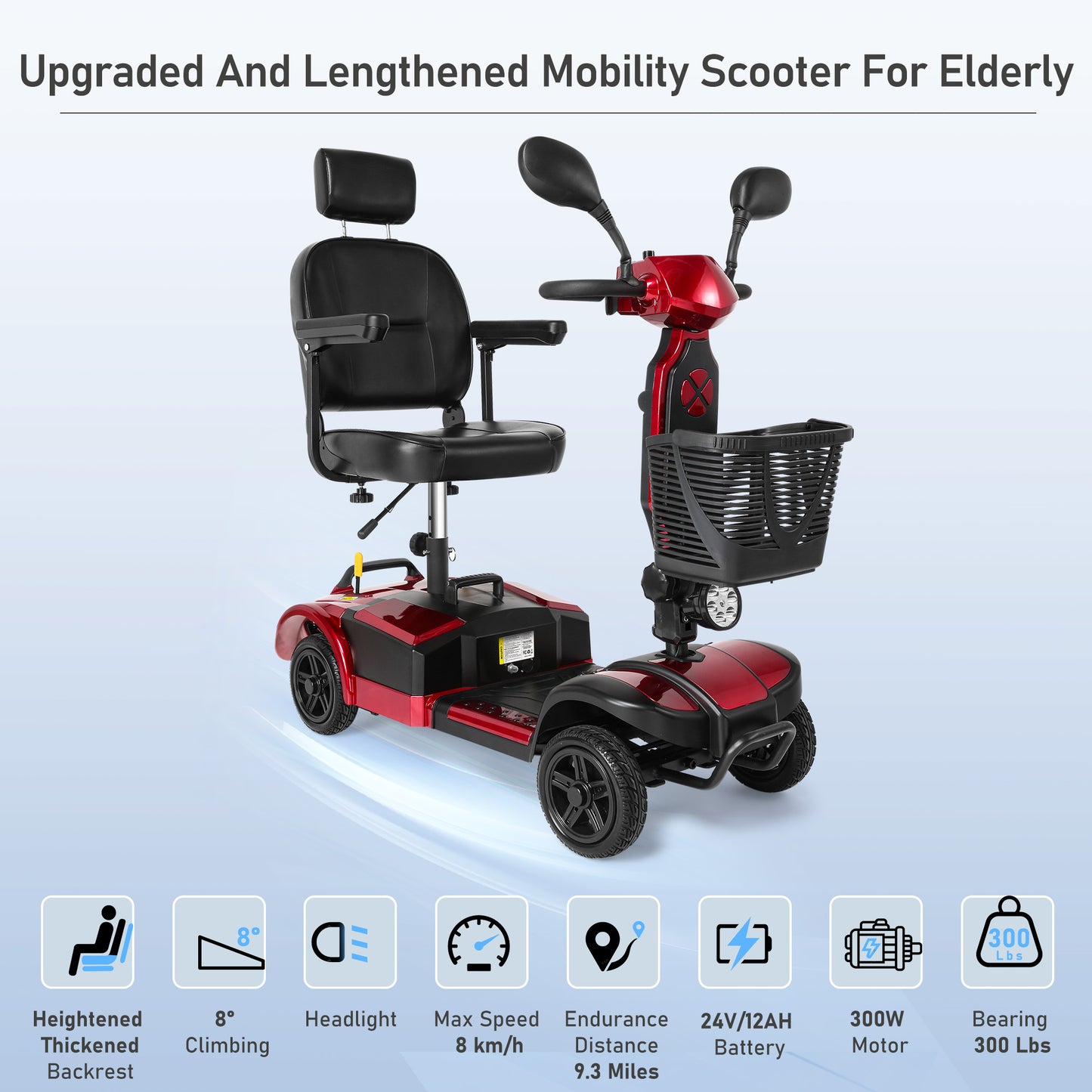MaxKare 4-Wheel Mobility Scooter for Seniors, Heightened Thickened Seat with Pillow, Foldable Powered Mobile Wheelchair with Light & Basket for Travel, 330lbs, Red