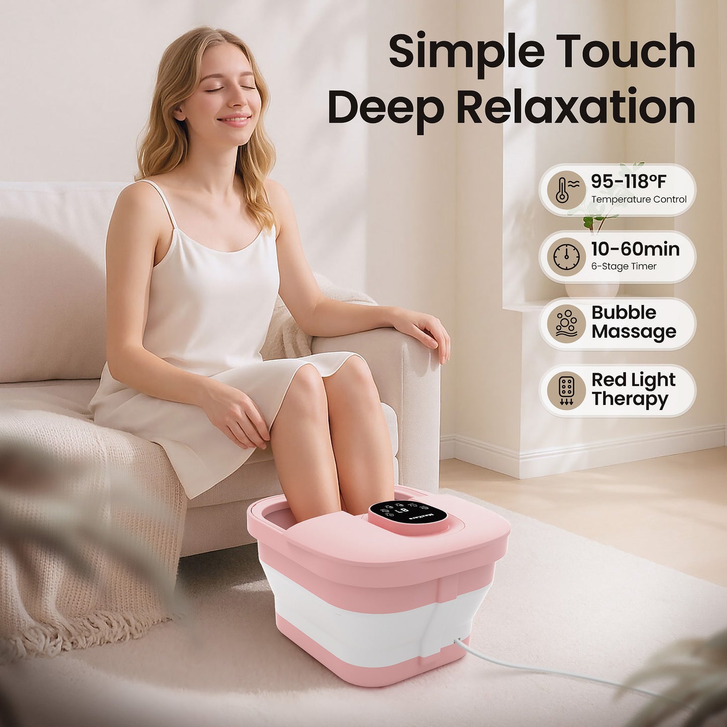 MaxKare Collapsible Foot Spa with Massager and Heat, Digital Display, Pink