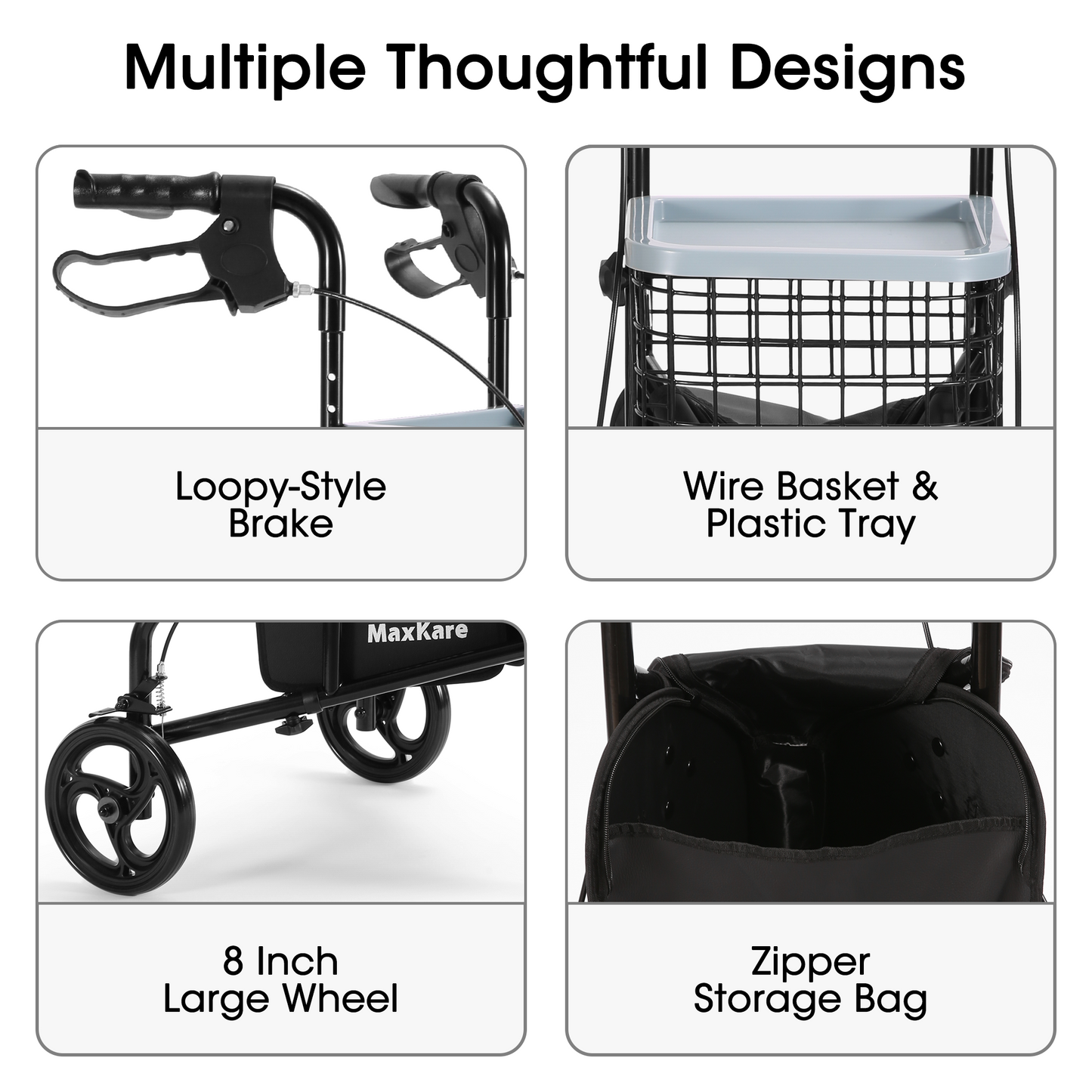 MaxKare 3-Wheel Walker for Seniors Foldable Rollator Walker with Basket & Tray, 300Lbs Weight Capacity, Height Adjustable, Black