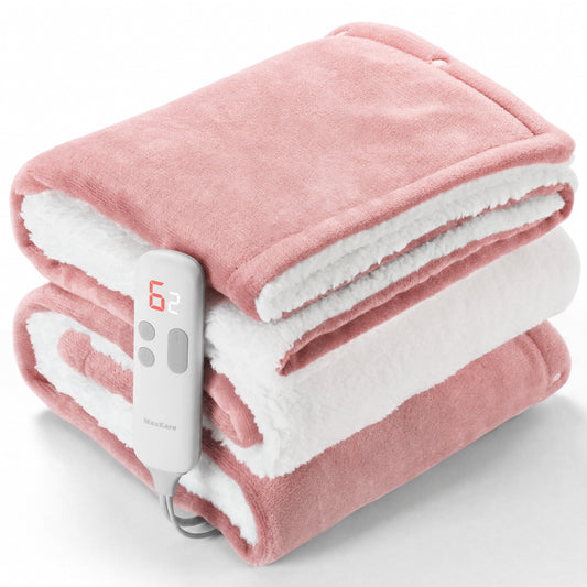 MaxKare 50" x 60" Electric Throw Blanket with 6 Heating Levels & 1-5H Auto-off, Machine Washable Flannel & Sherpa, Pink & White