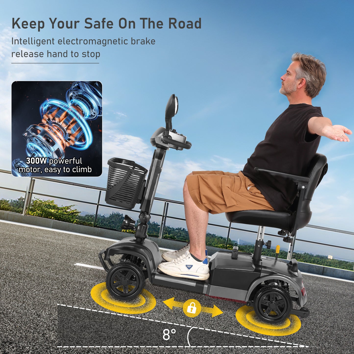 MaxKare 4-Wheel Mobility Scooter with Basket, Wider and Thicker Seat for Seniors, Electric Folding Wheelchair Device for Travel, Gray
