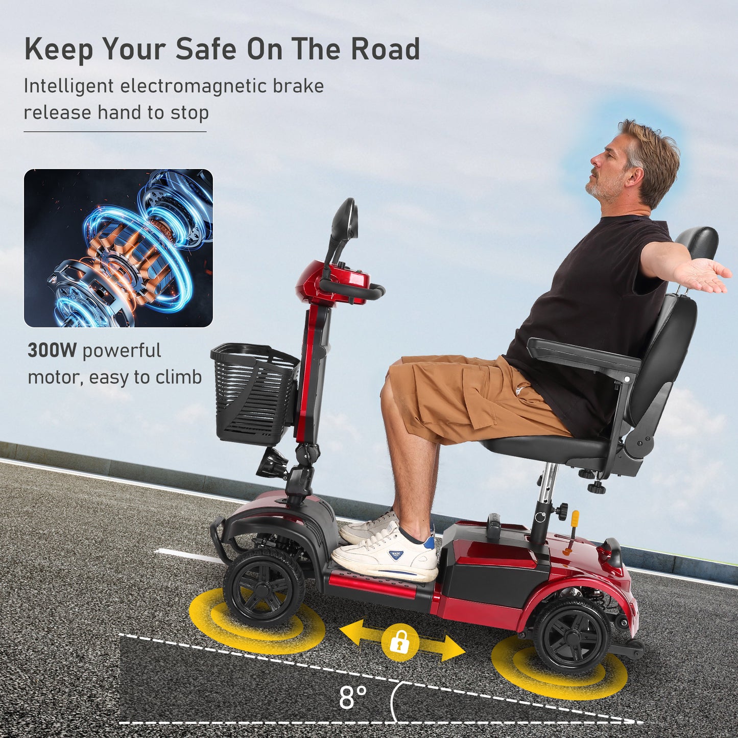 MaxKare 4-Wheel Mobility Scooter for Seniors, Heightened Thickened Seat with Pillow, Foldable Powered Mobile Wheelchair with Light & Basket for Travel, 330lbs, Red