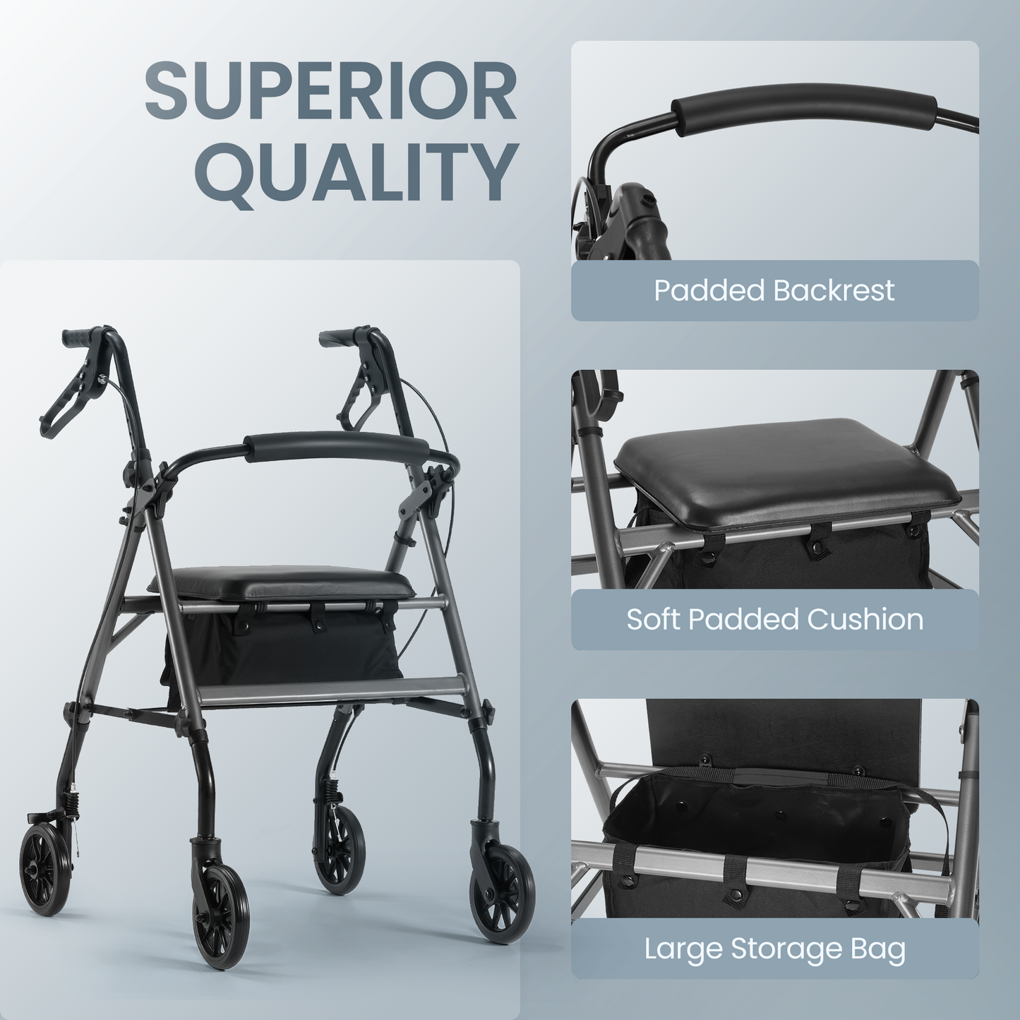 MaxKare Folding Rollator Walker with Seat 6" Wheels for Seniors, Adjustable Height, Removable Seat, Lightweight Aluminum, Supports up to 300Lbs, Gray
