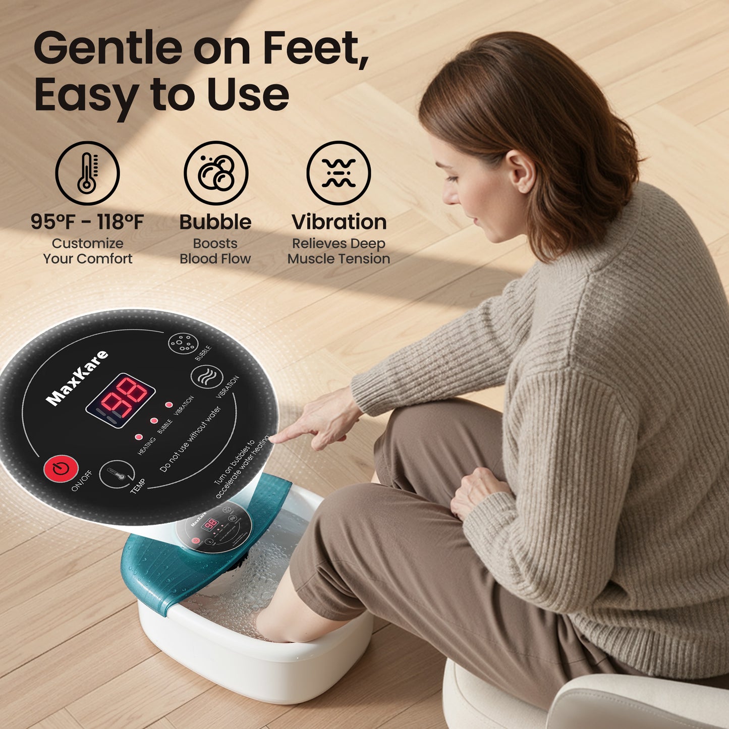 MaxKare Foot Spa Bath Massager with Heat, Bubbles, and Vibration, Digital Temperature Control, 16 Detachable Massage Rollers, Soothe and Comfort Feet