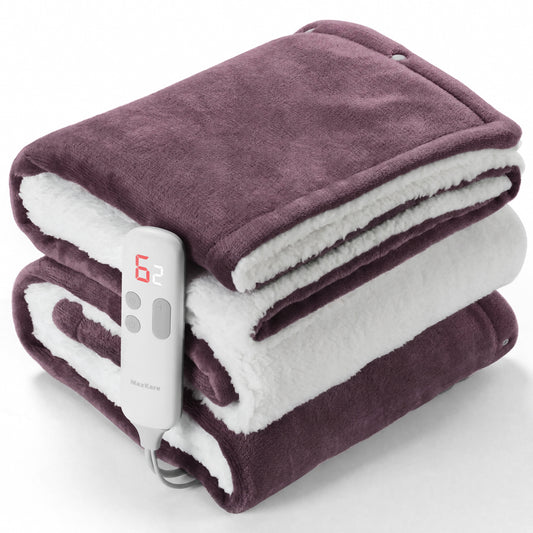 MaxKare 50" x 60" Electric Throw Blanket with 6 Heating Levels & 1-5H Auto-off, Machine Washable Flannel & Sherpa, Purple & White