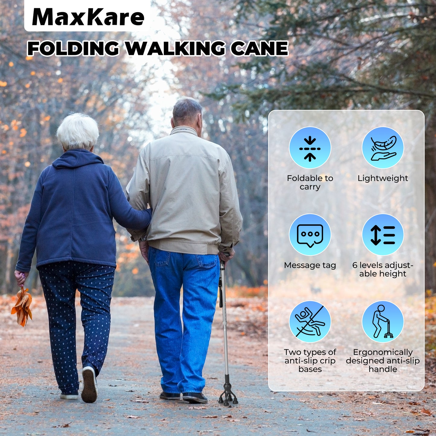 MaxKare Folding Walking Canes with Comfort Grip, 37"-41" Adjustable - Silver