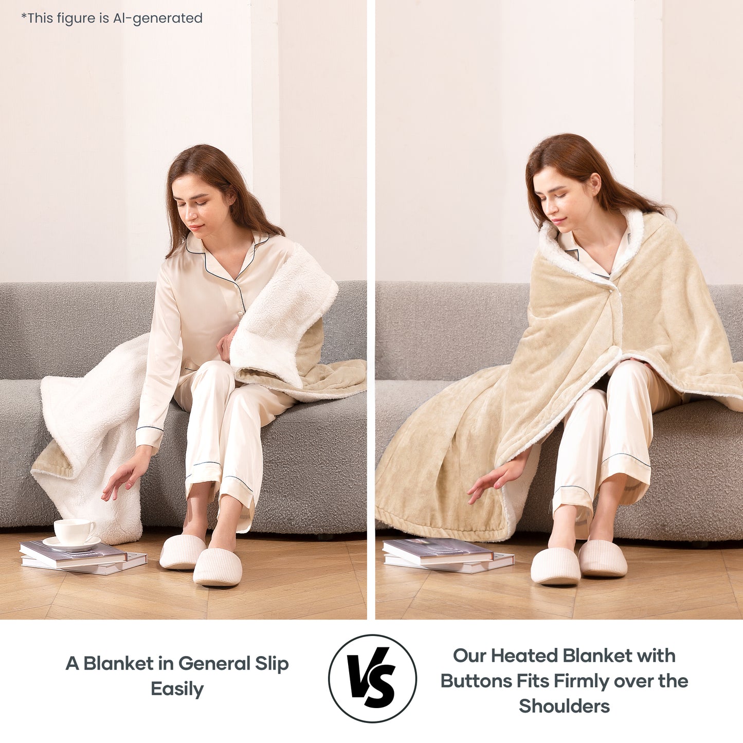 MaxKare 50" x 60" Electric Throw Blanket with 6 Heating Levels & 1-5H Auto-off, Machine Washable Flannel & Sherpa, Beige & White