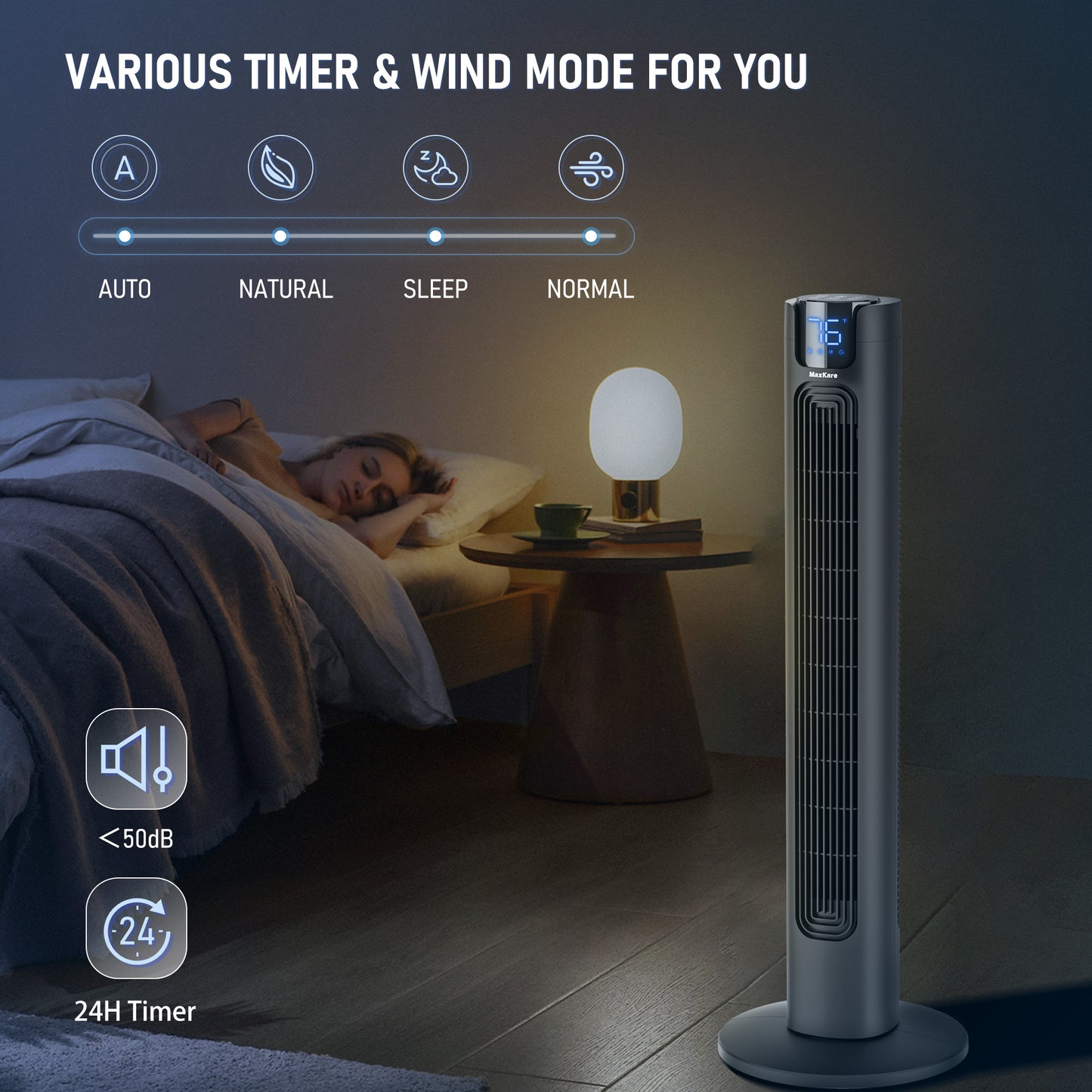MaxKare Tower Fan, 36" Ultra Quiet 50dB Standing Floor Fan, 24H Timers, 75° Oscillation, Remote & No-Light Sleep Screen, Black