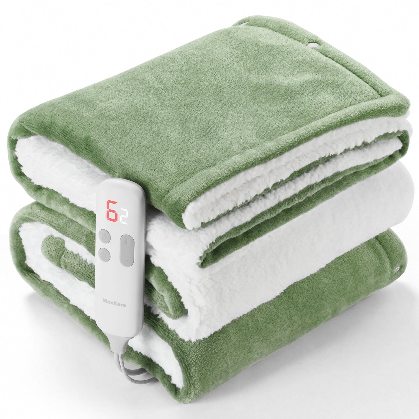 MaxKare 50" x 60" Electric Throw Blanket with 6 Heating Levels & 1-5H Auto-off, Machine Washable Flannel & Sherpa, Green & White