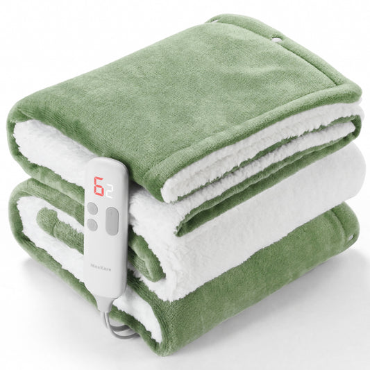 MaxKare 50" x 60" Electric Throw Blanket with 6 Heating Levels & 1-5H Auto-off, Machine Washable Flannel & Sherpa, Green & White
