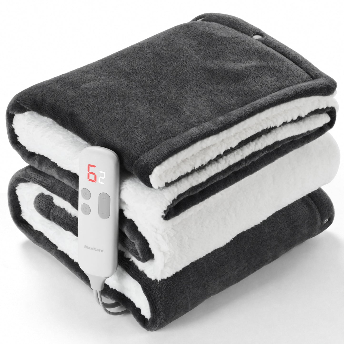 MaxKare 50" x 60" Electric Throw Blanket with 6 Heating Levels & 1-5H Auto-off, Machine Washable Flannel & Sherpa, Dark Gray & White