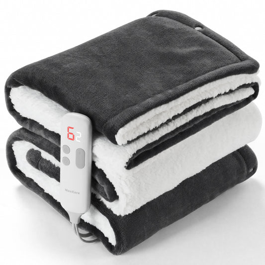 MaxKare 50" x 60" Electric Throw Blanket with 6 Heating Levels & 1-5H Auto-off, Machine Washable Flannel & Sherpa, Dark Gray & White