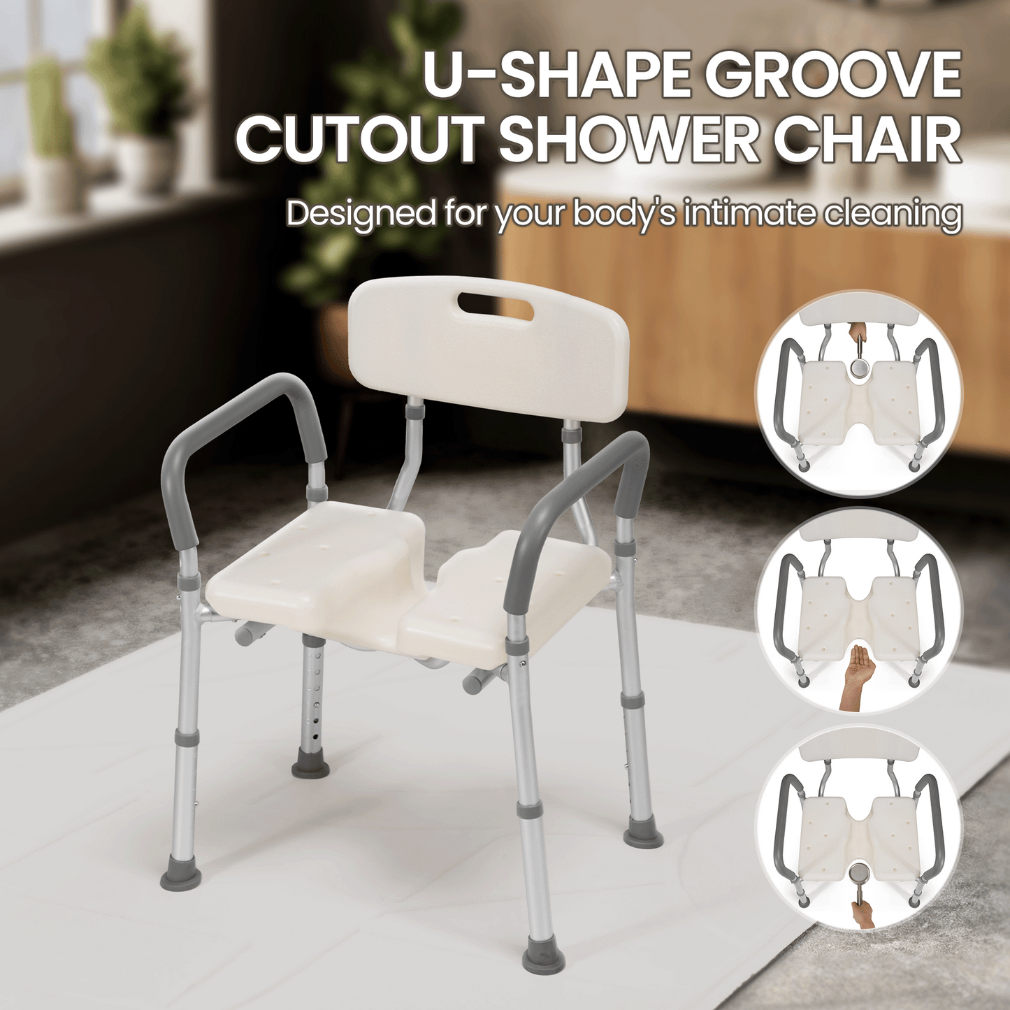 MaxKare Shower Chair with Back and Arms, U-Shape Groove Cutout for Private Cleaning