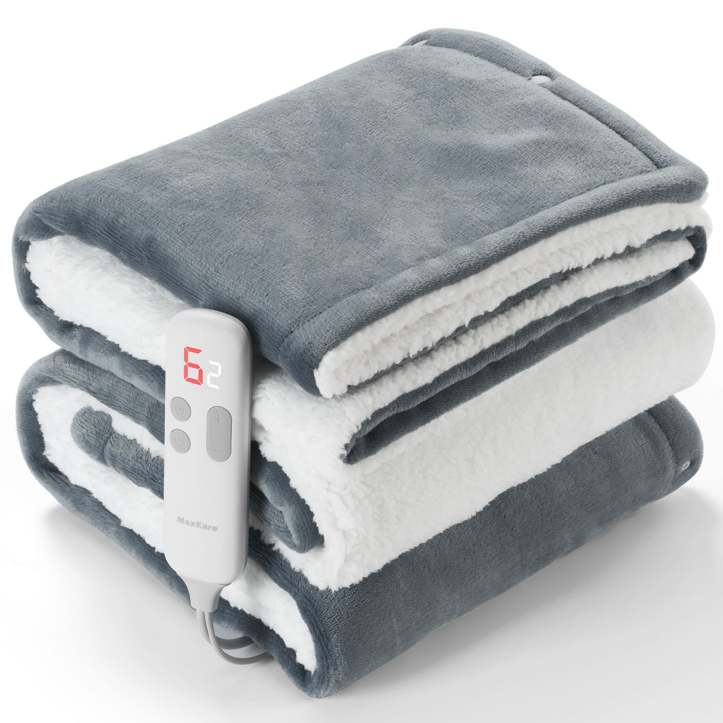 MaxKare 50" x 60" Electric Throw Blanket with 6 Heating Levels & 1-5H Auto-off, Machine Washable Flannel & Sherpa, Gray & White