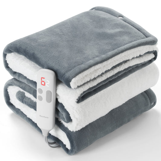 MaxKare 50" x 60" Electric Throw Blanket with 6 Heating Levels & 1-5H Auto-off, Machine Washable Flannel & Sherpa, Gray & White