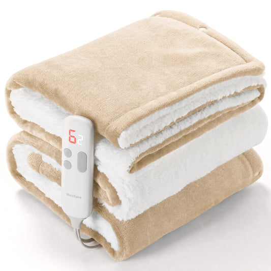 MaxKare 50" x 60" Electric Throw Blanket with 6 Heating Levels & 1-5H Auto-off, Machine Washable Flannel & Sherpa, Beige & White
