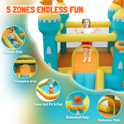 MaxKare Inflatable Bounce House, Castle-Themed Inflatable Bounce House - 5-in-1 Play Zones, 240lbs Capacity, FCC & CPC Certified, Blue/Yellow