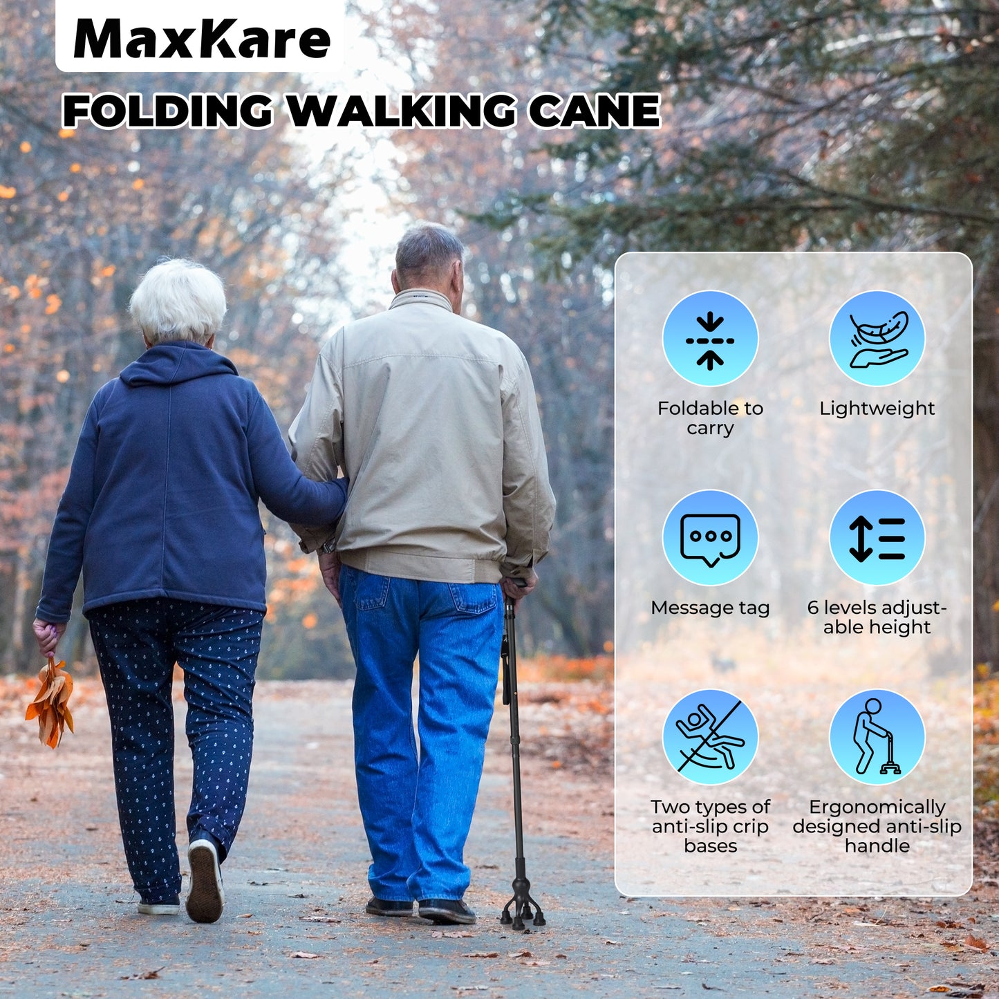 MaxKare Folding Walking Canes with Comfort Grip, 37"-41" Adjustable - Black