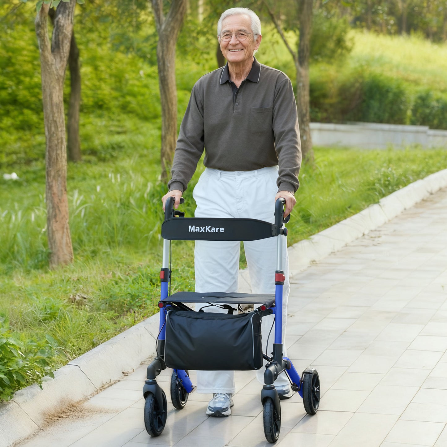 MaxKare Rollator Walker with Seat, Foldable 4 Wheel Rolling Medical Walker, Blue