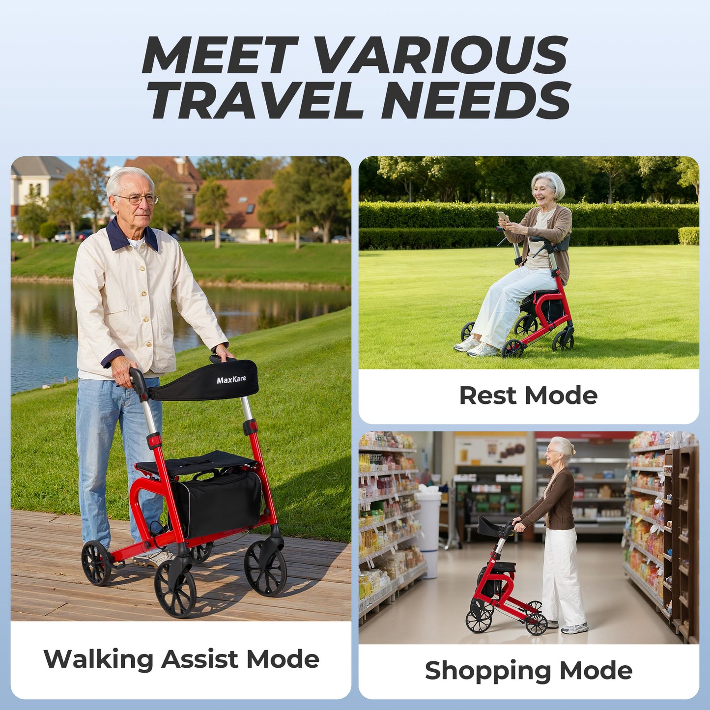 MaxKare Rollator Walker with Seat, Foldable 4 Wheel Rolling Medical Walker, Red