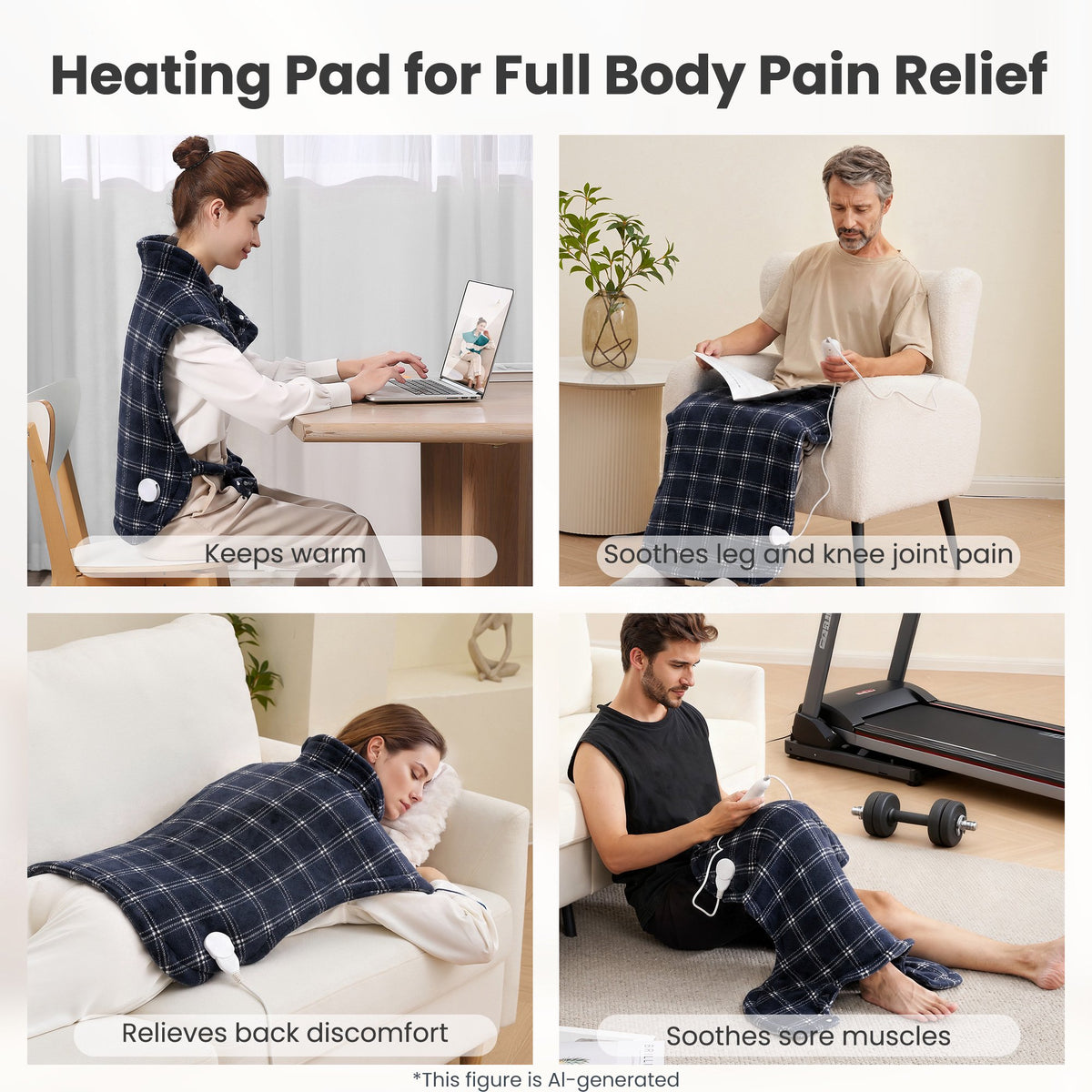 MaxKare Ultra Soft Heating Pad with 4 Heat Settings & Auto Shut-off, for Full Body Stress Relief, 24"x33", Gift - Navy Blue Plaid