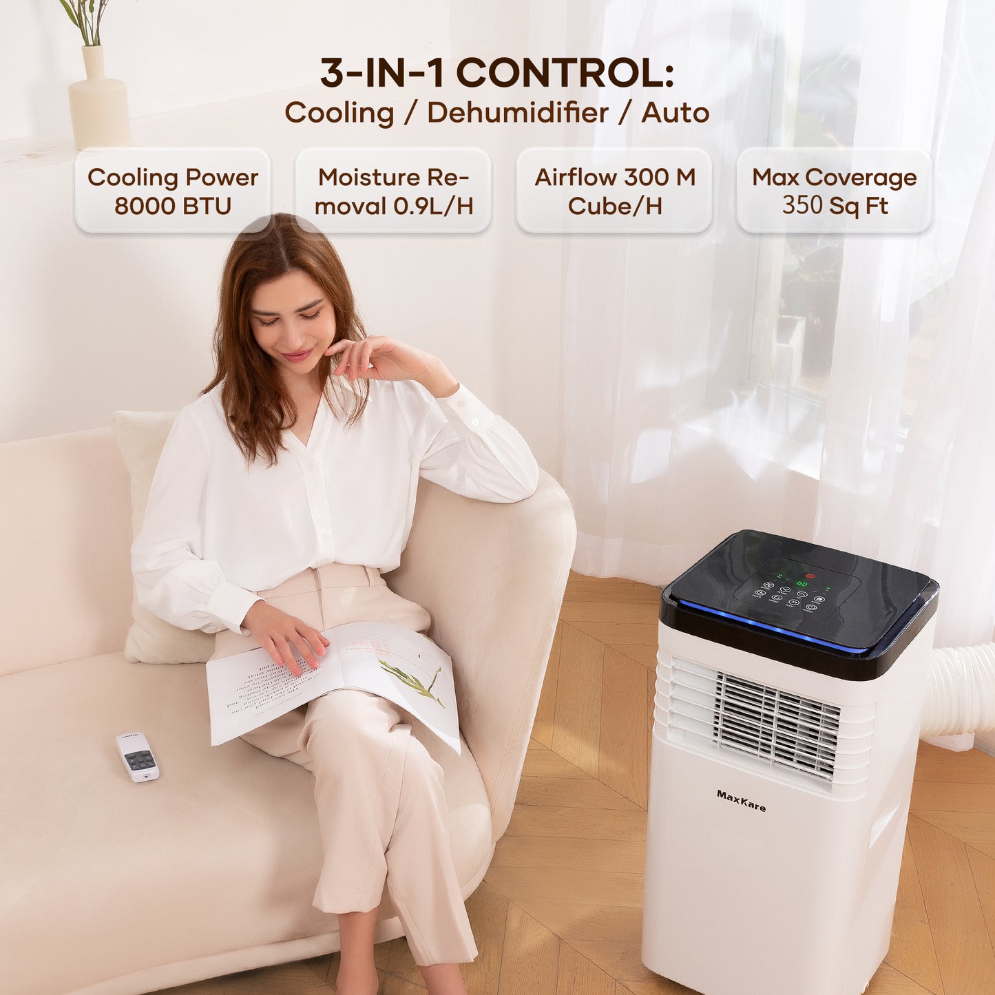 MaxKare 8000 BTU 3 In 1 Portable Air Conditioner with Dehumidifier Function, Cooler, Fan, Cools Rooms up to 350 sq.ft Remote Control, Complete Window Mount Exhaust Kit