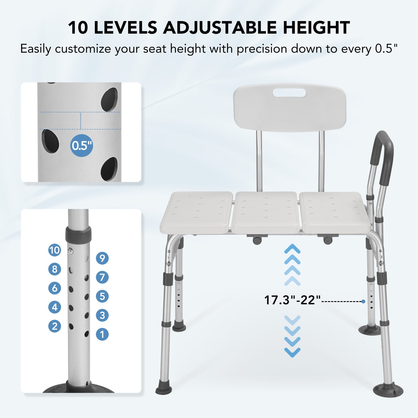 MaxKare Transfer Bench & Shower Chair with Backrest & Padded Armrests for Senior and Handicap, 10 Levels Height Adjustable, Support up to 300Lbs