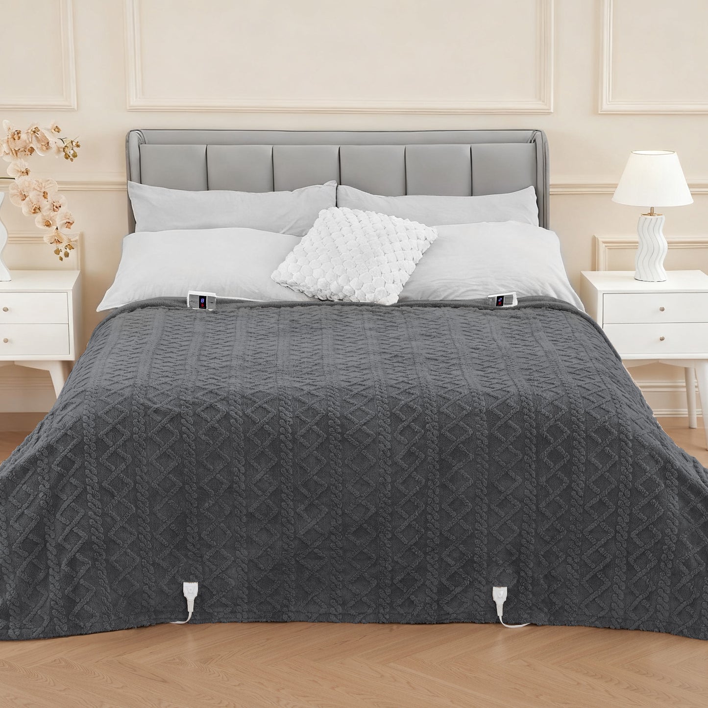 MaxKare Queen Size Heated Blanket Soft Cable Knit Shu Velveteen Electric Blanket, Dual Controllers, 10 Heat Levels, 10H Timer, 84" x 90", Gray