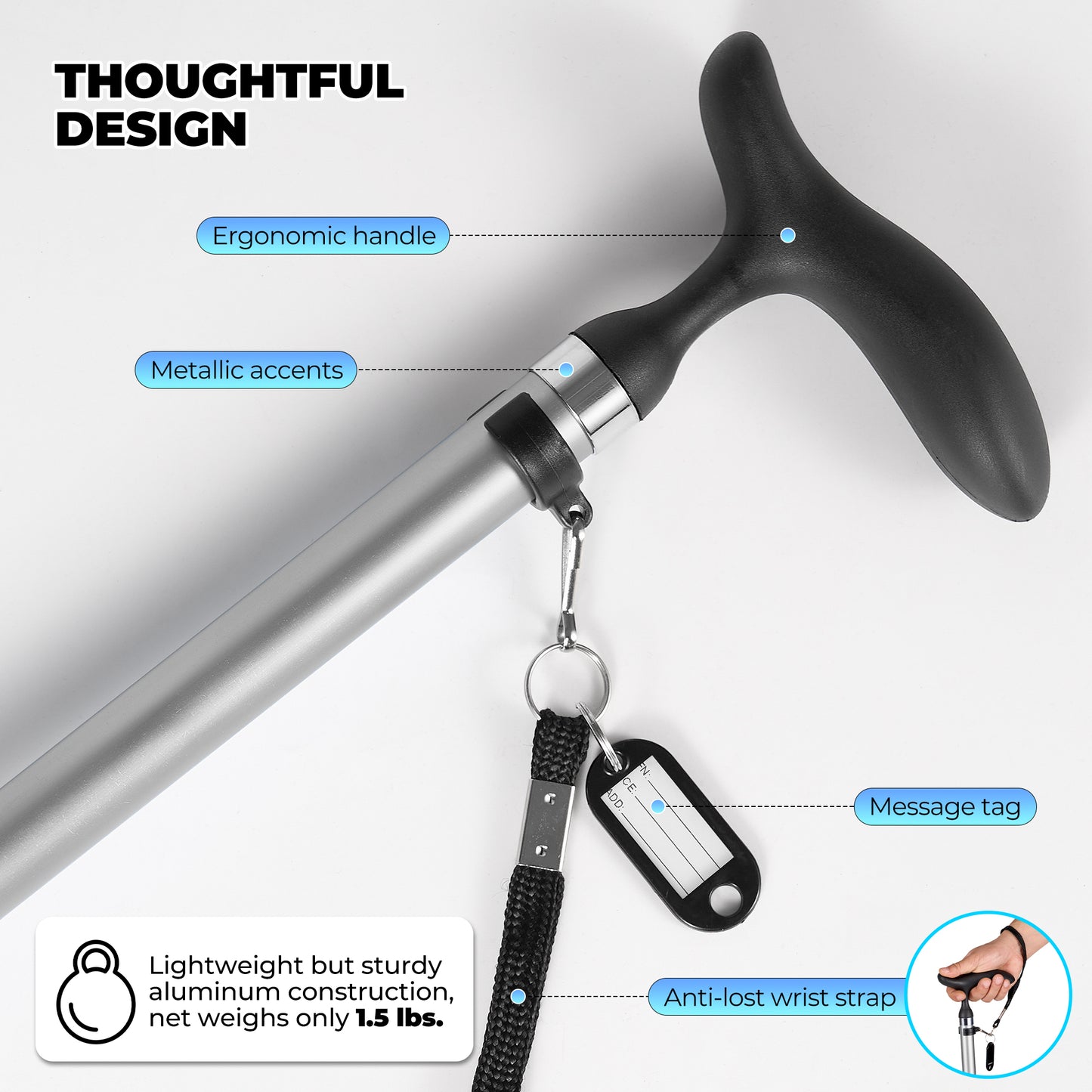 MaxKare Folding Walking Canes with Comfort Grip, 37"-41" Adjustable - Silver