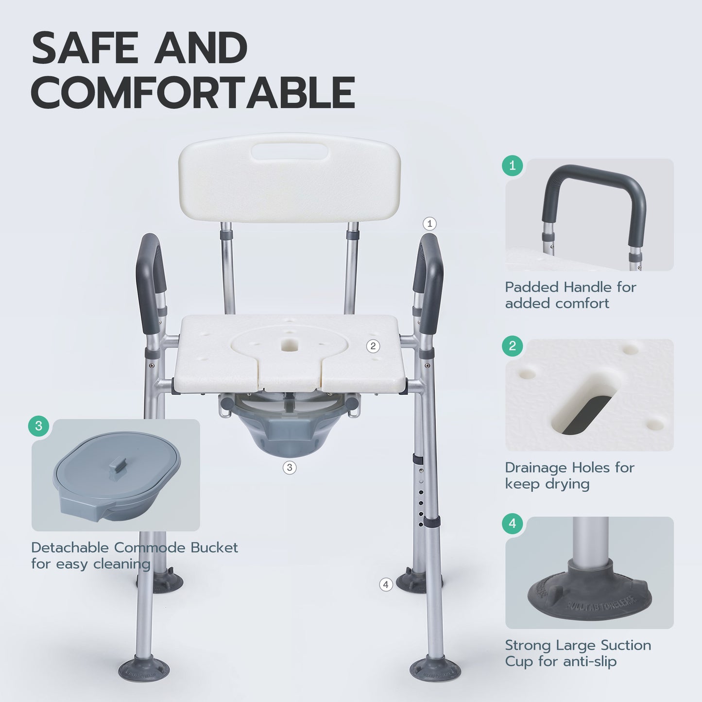MaxKare Multi-functional Shower Chair with Commode Bucket, Bedside Commode Chair, Raised Toilet Seat, Adjustable Height, Max Weight 300Lbs