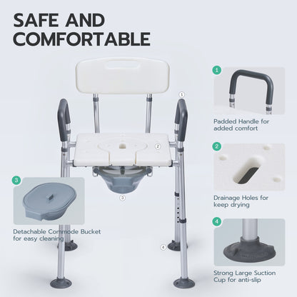 MaxKare Multi-functional Shower Chair with Commode Bucket, Bedside Commode Chair, Raised Toilet Seat, Adjustable Height, Max Weight 300Lbs