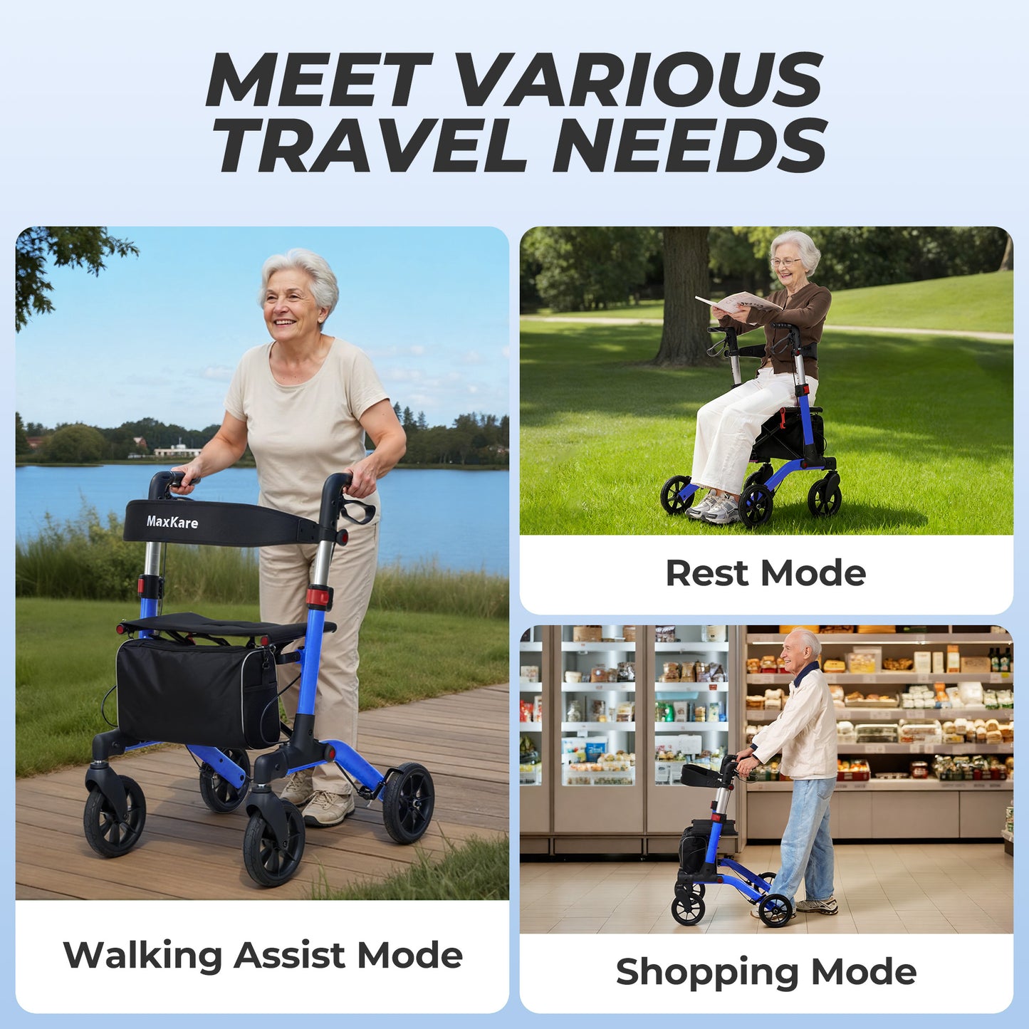 MaxKare Rollator Walker with Seat, Foldable 4 Wheel Rolling Medical Walker, Blue