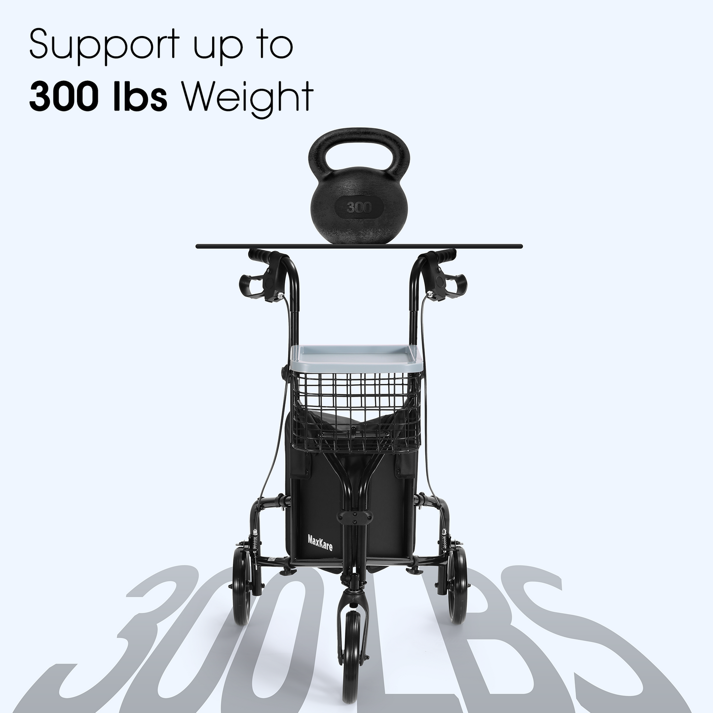 MaxKare 3-Wheel Walker for Seniors Foldable Rollator Walker with Basket & Tray, 300Lbs Weight Capacity, Height Adjustable, Black