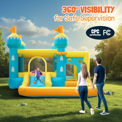 MaxKare Inflatable Bounce House, Castle-Themed Inflatable Bounce House - 5-in-1 Play Zones, 240lbs Capacity, FCC & CPC Certified, Blue/Yellow